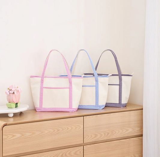Gingham Trim Canvas Tote