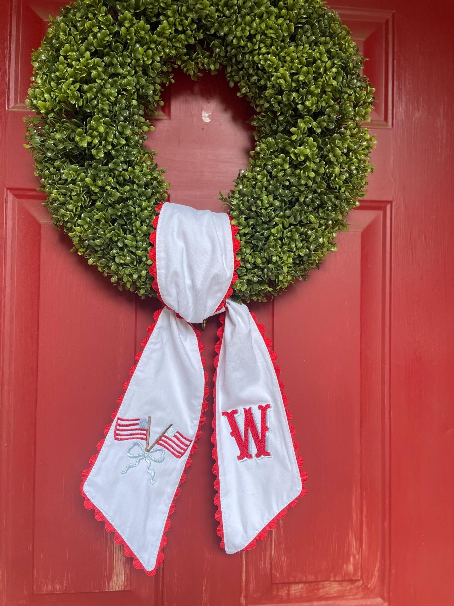 Embroidered Wreath Sash | Patriotic Cotton Door Decor, Monogram Initial
