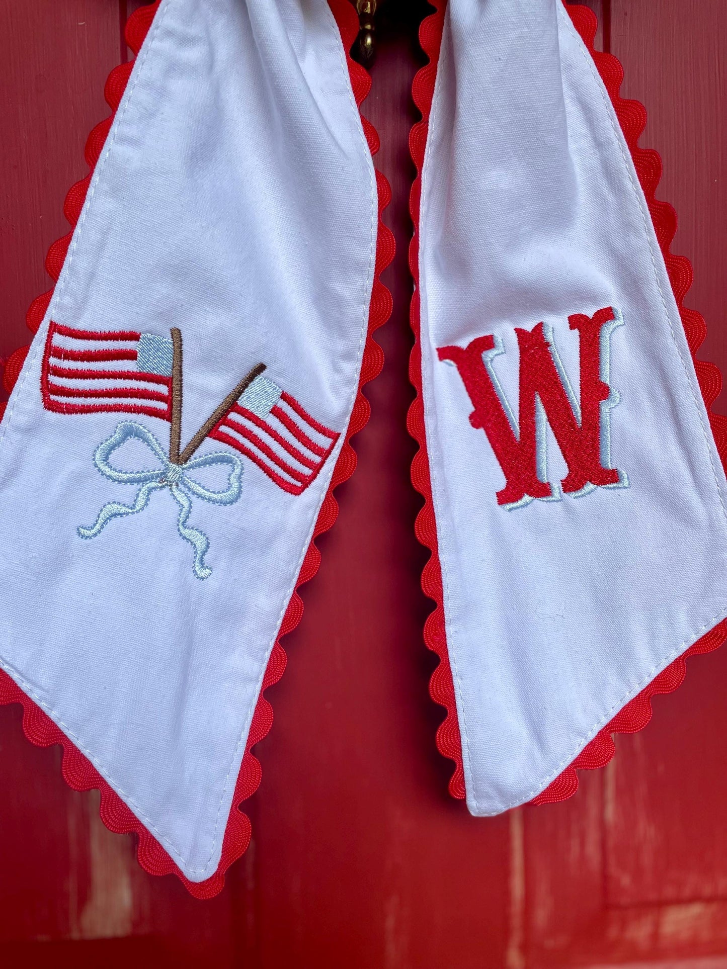 Embroidered Wreath Sash | Patriotic Cotton Door Decor, Monogram Initial